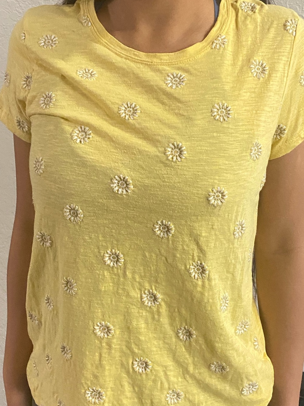 Lucky Brand Yellow Daisy Embroidered Short Sleeve Tee